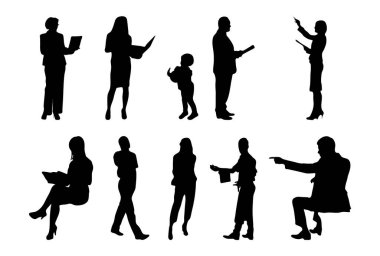 Vektör siluetleri, insanların ana hatları, Contour çizimleri, insanların siluetleri, ikon kümesi izole edilmiş, oturan insanların silueti, mimari set