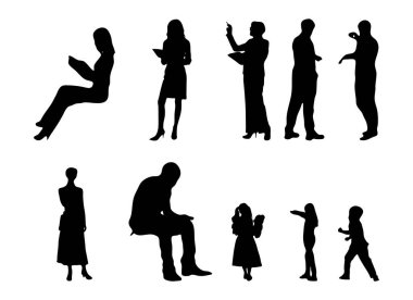 Vektör siluetleri, insanların ana hatları, Contour çizimleri, insanların siluetleri, ikon kümesi izole edilmiş, oturan insanların silueti, mimari set