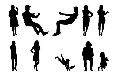 Vektör siluetleri, insanların ana hatları, Contour çizimleri, insanların siluetleri, ikon kümesi izole edilmiş, oturan insanların silueti, mimari set