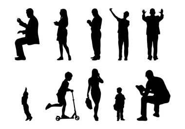 Vektör siluetleri, insanların ana hatları, Contour çizimleri, insanların siluetleri, ikon kümesi izole edilmiş, oturan insanların silueti, mimari set