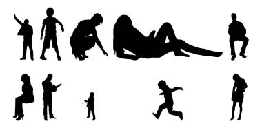 Vektör siluetleri, insanların ana hatları, Contour çizimleri, insanların siluetleri, ikon kümesi izole edilmiş, oturan insanların silueti, mimari set