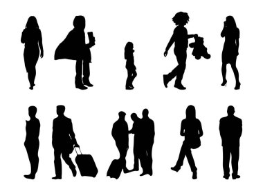 Vektör siluetleri, insanların ana hatları, Contour çizimleri, insanların siluetleri, ikon kümesi izole edilmiş, oturan insanların silueti, mimari set