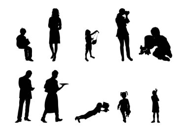 Vektör siluetleri, insanların ana hatları, Contour çizimleri, insanların siluetleri, ikon kümesi izole edilmiş, oturan insanların silueti, mimari set