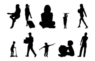 Vektör siluetleri, insanların ana hatları, Contour çizimleri, insanların siluetleri, ikon kümesi izole edilmiş, oturan insanların silueti, mimari set