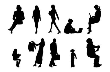 Vektör siluetleri, insanların ana hatları, Contour çizimleri, insanların siluetleri, ikon kümesi izole edilmiş, oturan insanların silueti, mimari set