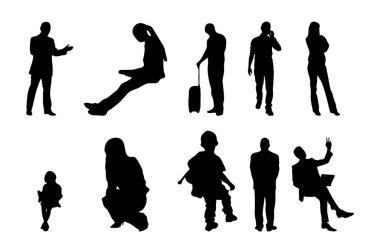 Vektör siluetleri, insanların ana hatları, Contour çizimleri, insanların siluetleri, ikon kümesi izole edilmiş, oturan insanların silueti, mimari set