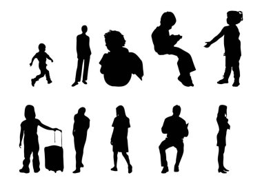 Vektör siluetleri, insanların ana hatları, Contour çizimleri, insanların siluetleri, ikon kümesi izole edilmiş, oturan insanların silueti, mimari set