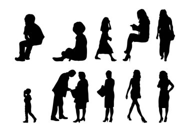 Vektör siluetleri, insanların ana hatları, Contour çizimleri, insanların siluetleri, ikon kümesi izole edilmiş, oturan insanların silueti, mimari set