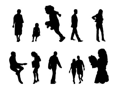 Vektör siluetleri, insanların ana hatları, Contour çizimleri, insanların siluetleri, ikon kümesi izole edilmiş, oturan insanların silueti, mimari set