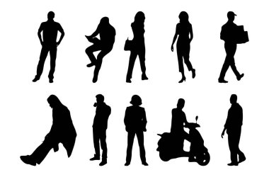 Vektör siluetleri, insanların ana hatları, Contour çizimleri, insanların siluetleri, ikon kümesi izole edilmiş, oturan insanların silueti, mimari set