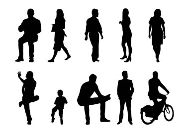 Vektör siluetleri, insanların ana hatları, Contour çizimleri, insanların siluetleri, ikon kümesi izole edilmiş, oturan insanların silueti, mimari set