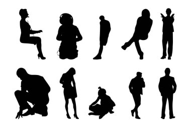 Vektör siluetleri, insanların ana hatları, Contour çizimleri, insanların siluetleri, ikon kümesi izole edilmiş, oturan insanların silueti, mimari set