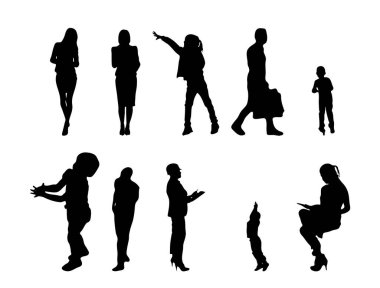 Vektör siluetleri, insanların ana hatları, Contour çizimleri, insanların siluetleri, ikon kümesi izole edilmiş, oturan insanların silueti, mimari set