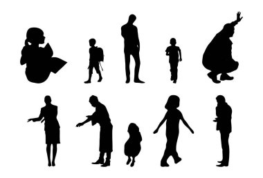Vektör siluetleri, insanların ana hatları, Contour çizimleri, insanların siluetleri, ikon kümesi izole edilmiş, oturan insanların silueti, mimari set