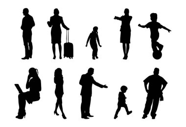 Vektör siluetleri, insanların ana hatları, Contour çizimleri, insanların siluetleri, ikon kümesi izole edilmiş, oturan insanların silueti, mimari set