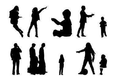 Vektör siluetleri, insanların ana hatları, Contour çizimleri, insanların siluetleri, ikon kümesi izole edilmiş, oturan insanların silueti, mimari set