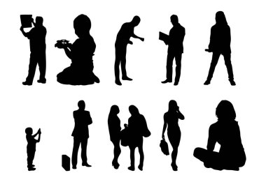 Vektör siluetleri, insanların ana hatları, Contour çizimleri, insanların siluetleri, ikon kümesi izole edilmiş, oturan insanların silueti, mimari set