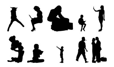 Vektör siluetleri, insanların ana hatları, Contour çizimleri, insanların siluetleri, ikon kümesi izole edilmiş, oturan insanların silueti, mimari set