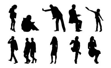 Vektör siluetleri, insanların ana hatları, Contour çizimleri, insanların siluetleri, ikon kümesi izole edilmiş, oturan insanların silueti, mimari set