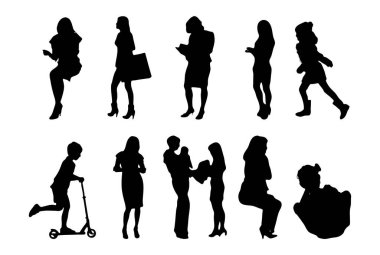 Vektör siluetleri, insanların ana hatları, Contour çizimleri, insanların siluetleri, ikon kümesi izole edilmiş, oturan insanların silueti, mimari set