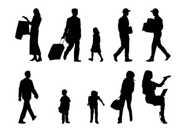 Vektör siluetleri, insanların ana hatları, Contour çizimleri, insanların siluetleri, ikon kümesi izole edilmiş, oturan insanların silueti, mimari set