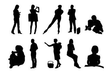 Vektör siluetleri, insanların ana hatları, Contour çizimleri, insanların siluetleri, ikon kümesi izole edilmiş, oturan insanların silueti, mimari set
