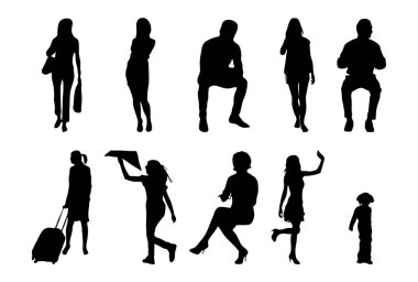 Vektör siluetleri, insanların ana hatları, Contour çizimleri, insanların siluetleri, ikon kümesi izole edilmiş, oturan insanların silueti, mimari set