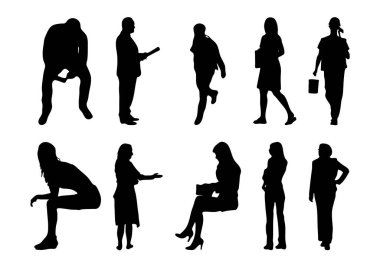 Vektör siluetleri, insanların ana hatları, Contour çizimleri, insanların siluetleri, ikon kümesi izole edilmiş, oturan insanların silueti, mimari set