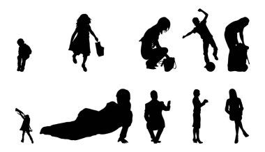 Vektör siluetleri, insanların ana hatları, Contour çizimleri, insanların siluetleri, ikon kümesi izole edilmiş, oturan insanların silueti, mimari set