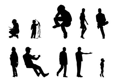 Vektör siluetleri, insanların ana hatları, Contour çizimleri, insanların siluetleri, ikon kümesi izole edilmiş, oturan insanların silueti, mimari set
