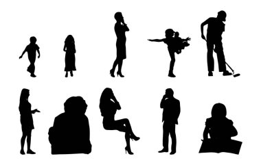 Vektör siluetleri, insanların ana hatları, Contour çizimleri, insanların siluetleri, ikon kümesi izole edilmiş, oturan insanların silueti, mimari set