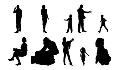 Vektör siluetleri, insanların ana hatları, Contour çizimleri, insanların siluetleri, ikon kümesi izole edilmiş, oturan insanların silueti, mimari set