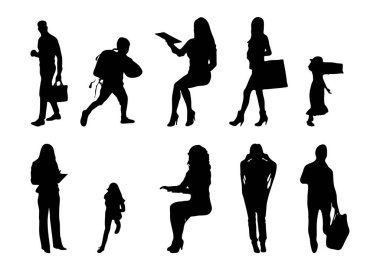 Vektör siluetleri, insanların ana hatları, Contour çizimleri, insanların siluetleri, ikon kümesi izole edilmiş, oturan insanların silueti, mimari set