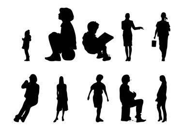 Vektör siluetleri, insanların ana hatları, Contour çizimleri, insanların siluetleri, ikon kümesi izole edilmiş, oturan insanların silueti, mimari set