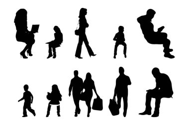Vektör siluetleri, insanların ana hatları, Contour çizimleri, insanların siluetleri, ikon kümesi izole edilmiş, oturan insanların silueti, mimari set