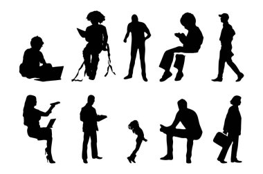Vektör siluetleri, insanların ana hatları, Contour çizimleri, insanların siluetleri, ikon kümesi izole edilmiş, oturan insanların silueti, mimari set