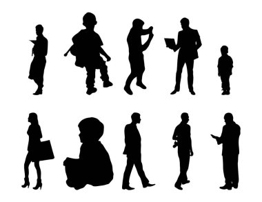 Vektör siluetleri, insanların ana hatları, Contour çizimleri, insanların siluetleri, ikon kümesi izole edilmiş, oturan insanların silueti, mimari set
