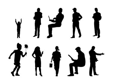 Vektör siluetleri, insanların ana hatları, Contour çizimleri, insanların siluetleri, ikon kümesi izole edilmiş, oturan insanların silueti, mimari set