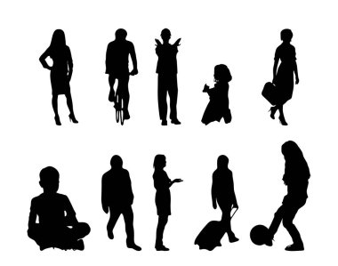 Vektör siluetleri, insanların ana hatları, Contour çizimleri, insanların siluetleri, ikon kümesi izole edilmiş, oturan insanların silueti, mimari set