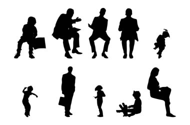 Vektör siluetleri, insanların ana hatları, Contour çizimleri, insanların siluetleri, ikon kümesi izole edilmiş, oturan insanların silueti, mimari set