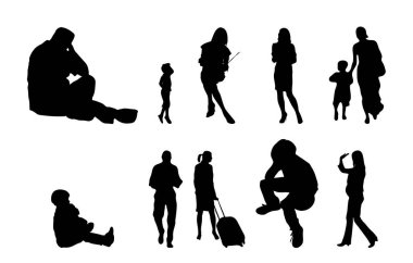 Vektör siluetleri, insanların ana hatları, Contour çizimleri, insanların siluetleri, ikon kümesi izole edilmiş, oturan insanların silueti, mimari set