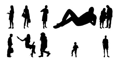 Vektör siluetleri, insanların ana hatları, Contour çizimleri, insanların siluetleri, ikon kümesi izole edilmiş, oturan insanların silueti, mimari set