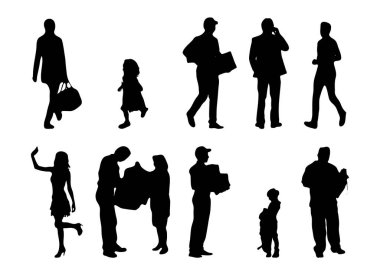 Vektör siluetleri, insanların ana hatları, Contour çizimleri, insanların siluetleri, ikon kümesi izole edilmiş, oturan insanların silueti, mimari set