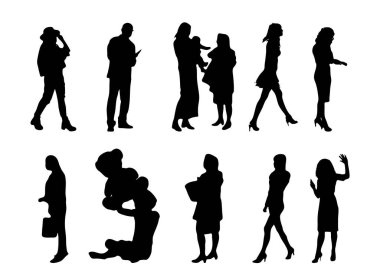 Vektör siluetleri, insanların ana hatları, Contour çizimleri, insanların siluetleri, ikon kümesi izole edilmiş, oturan insanların silueti, mimari set