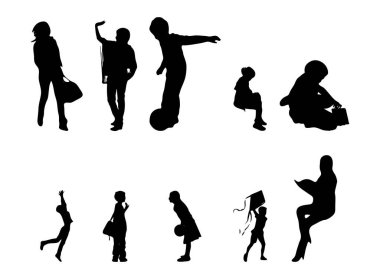 Vektör siluetleri, insanların ana hatları, Contour çizimleri, insanların siluetleri, ikon kümesi izole edilmiş, oturan insanların silueti, mimari set