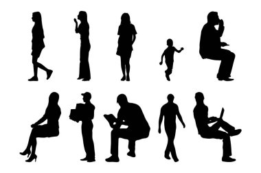 Vektör siluetleri, insanların ana hatları, Contour çizimleri, insanların siluetleri, ikon kümesi izole edilmiş, oturan insanların silueti, mimari set