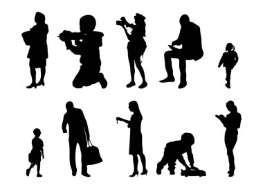 Vektör siluetleri, insanların ana hatları, Contour çizimleri, insanların siluetleri, ikon kümesi izole edilmiş, oturan insanların silueti, mimari set