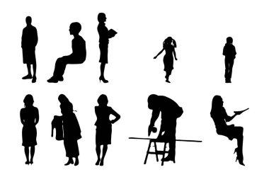 Vektör siluetleri, insanların ana hatları, Contour çizimleri, insanların siluetleri, ikon kümesi izole edilmiş, oturan insanların silueti, mimari set