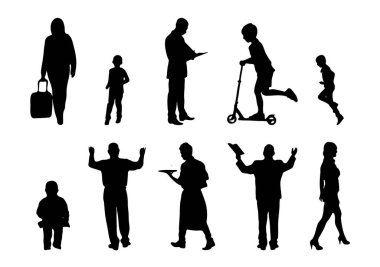 Vektör siluetleri, insanların ana hatları, Contour çizimleri, insanların siluetleri, ikon kümesi izole edilmiş, oturan insanların silueti, mimari set
