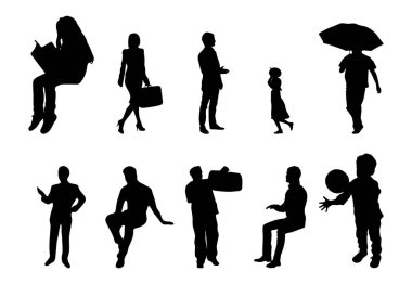 Vektör siluetleri, insanların ana hatları, Contour çizimleri, insanların siluetleri, ikon kümesi izole edilmiş, oturan insanların silueti, mimari set